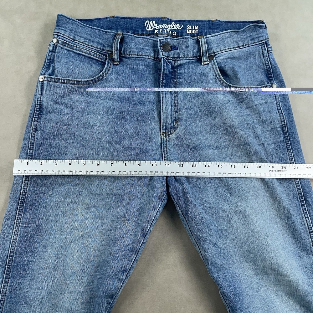 Wrangler Retro Slim Boot Jeans Mens 34x32 Light Wash Denim Bootcut Pants - Picture 11 of 15